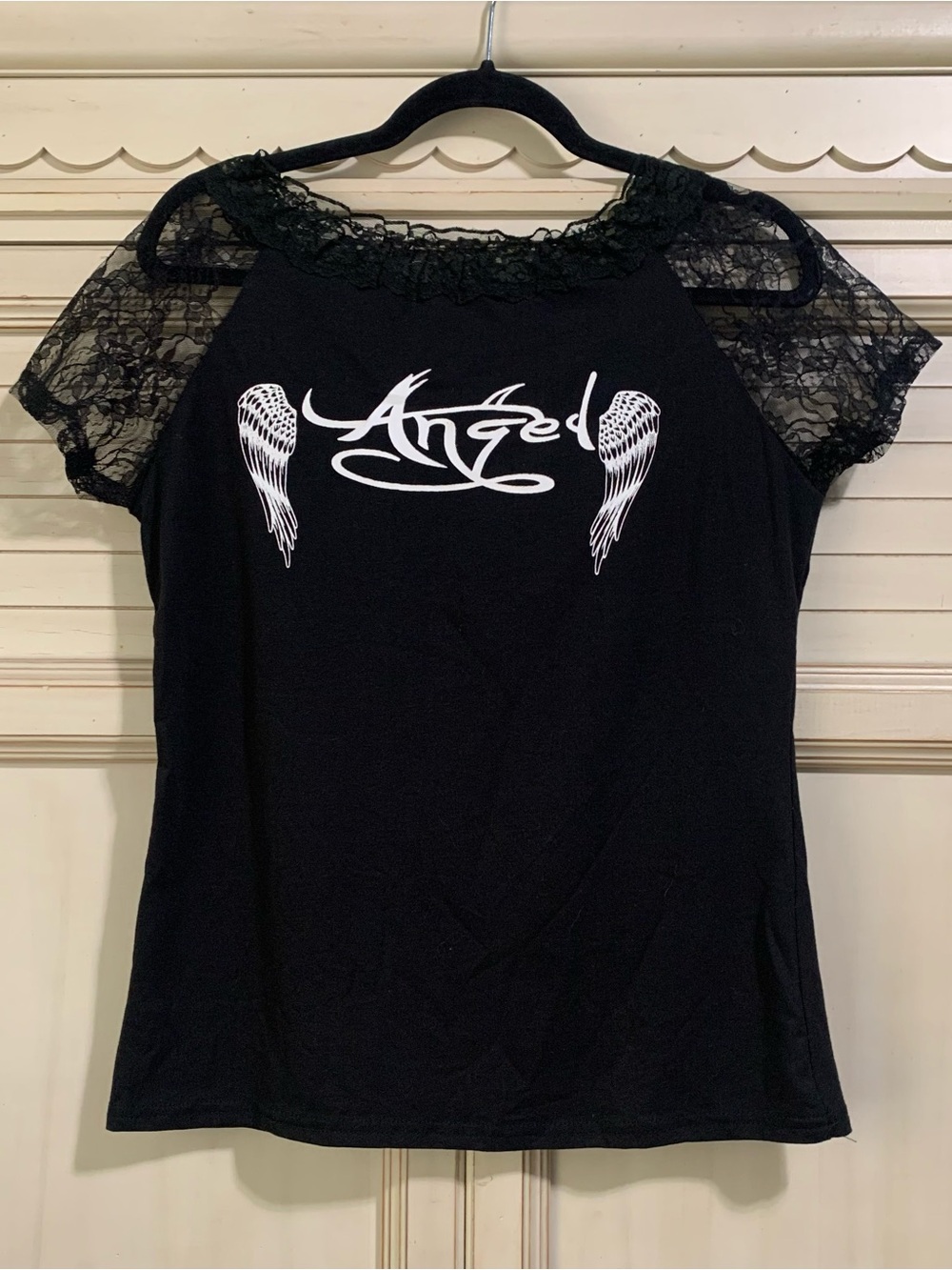Demi Loon Black Lace Top With Angel Wings On Back Women’s Size Medium